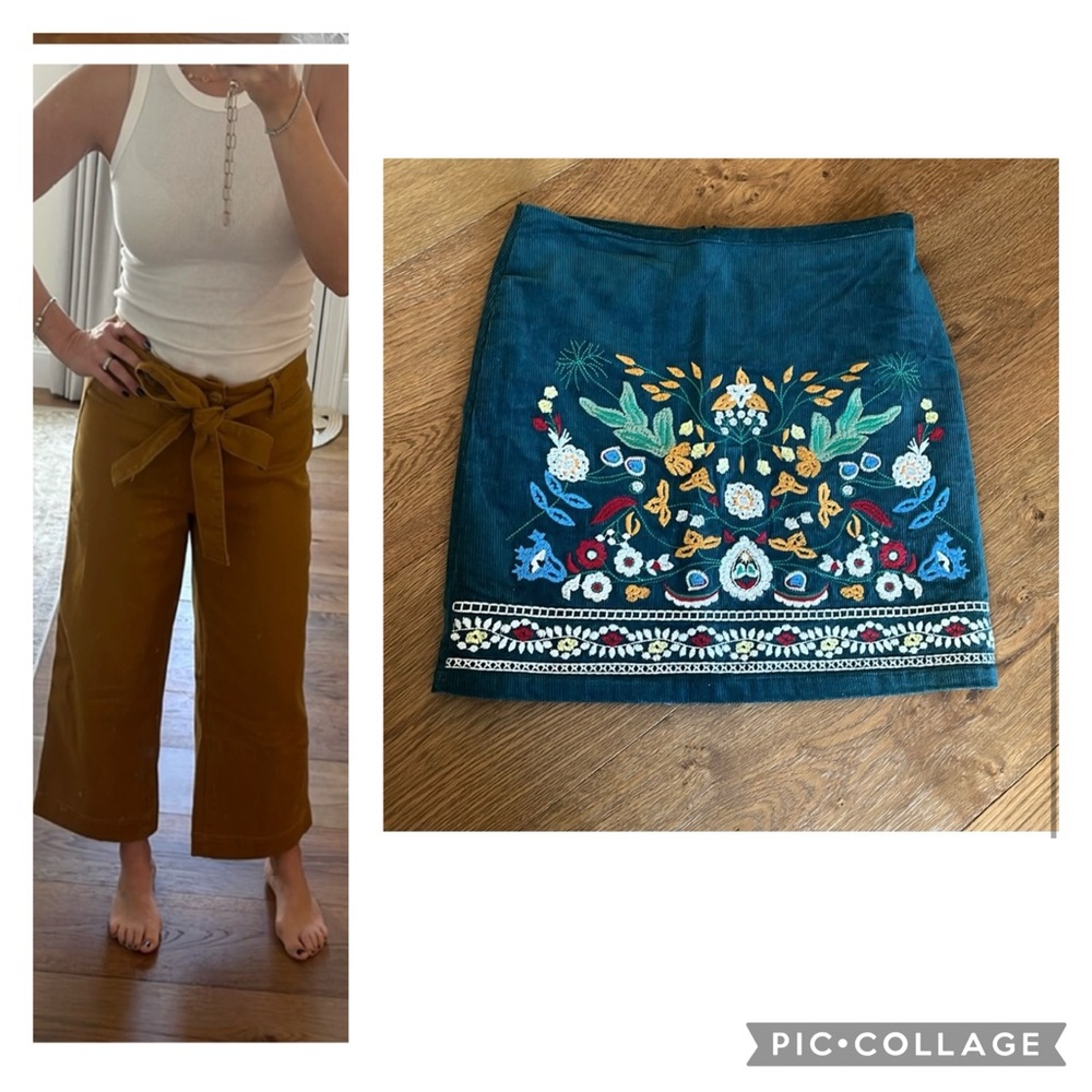 Womens wide leg high rise ankle jean and corduroy floral stitch skirt.